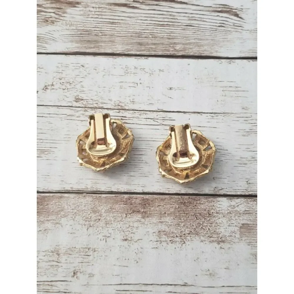 Vintage Clip On Earrings Unusual 7 Sided Gold Tone - TLC Needed To Pads